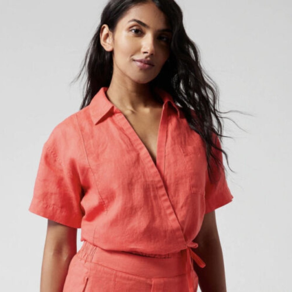 NWT Passionfruit Coral Lightweight Playa Linen Tie Top Shirt